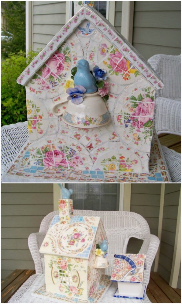 DIY Mosaic Birdhouse From Broken China