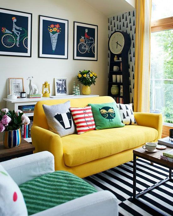 Prints and patterns around yellow couch