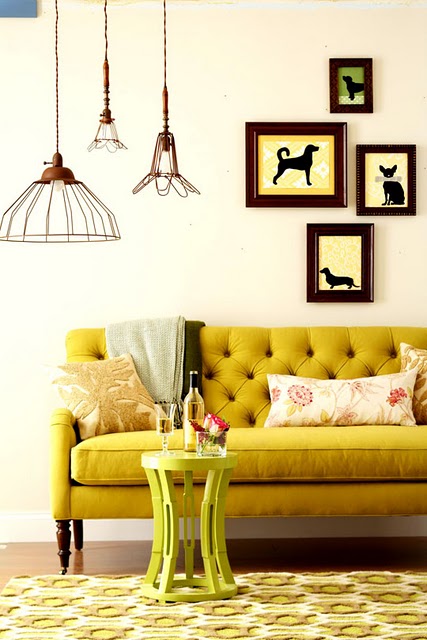 industrial cage pendant inspiration - love the mustard yellow couch