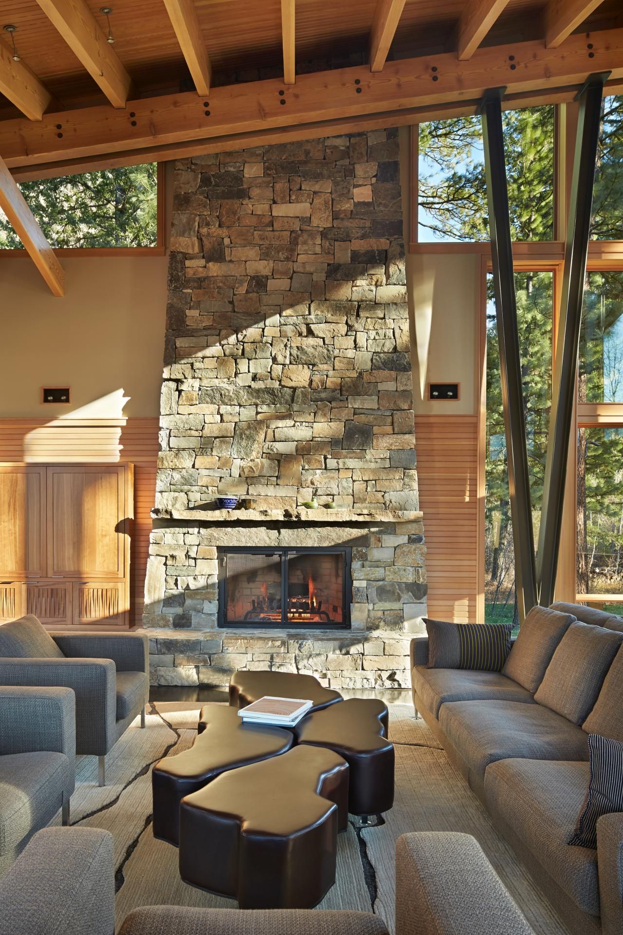 Tall stacked fireplace stone