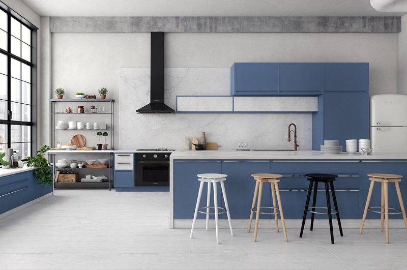 Голубой гарнитур на кухне в индустриальном стиле