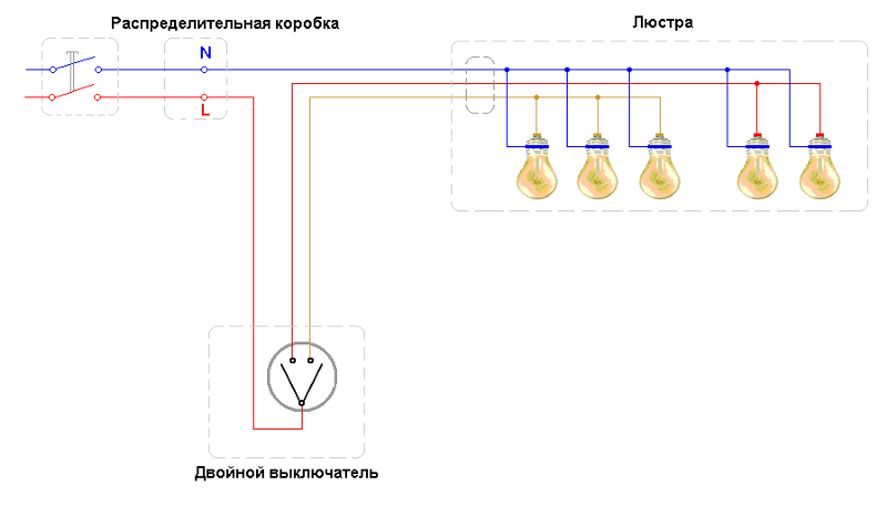 Схема подключения люстры к двойному выключателю