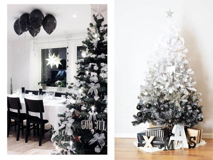 черная и белая елка в новогоднем оформлении дома