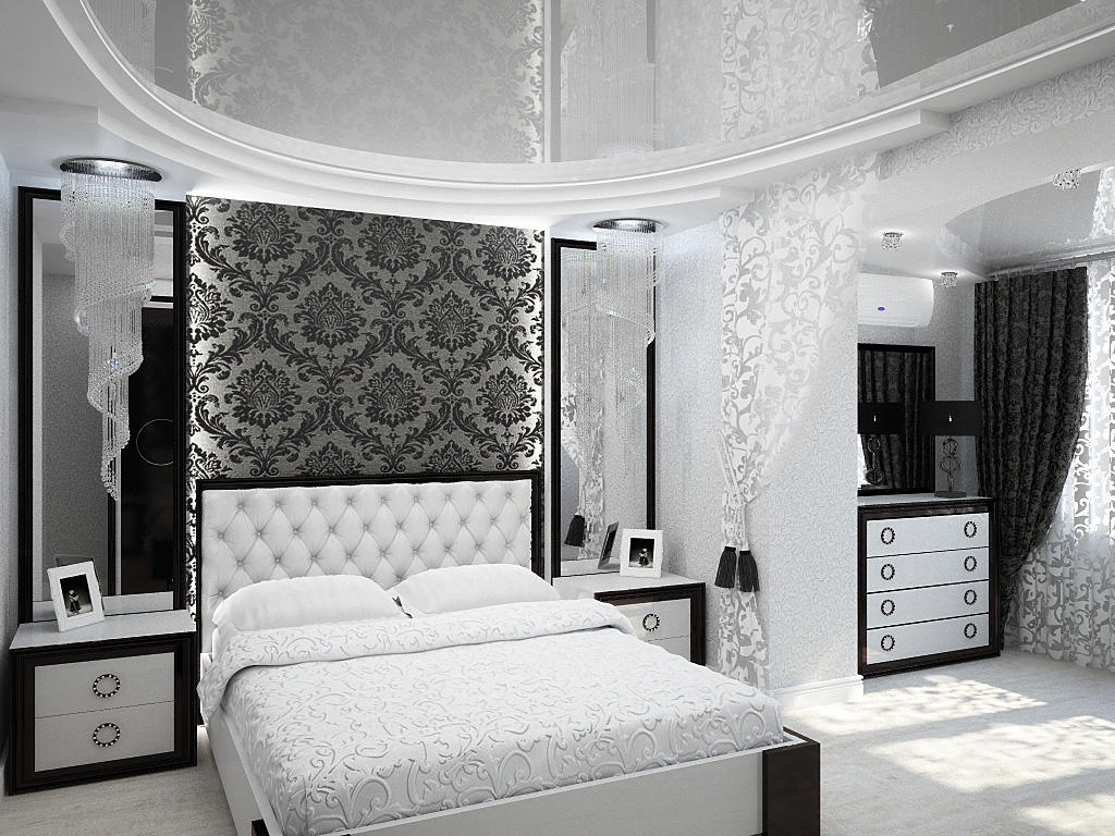 В черно-белой спальне будут хорошо смотреться необычные элементы декора