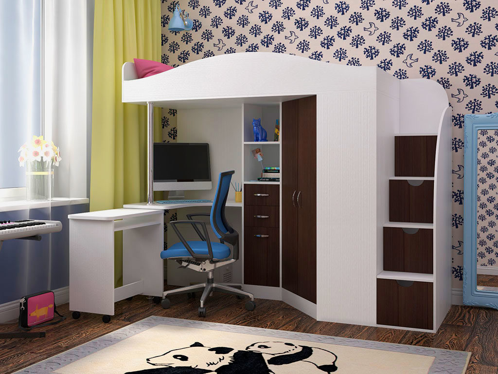 Кровать-чердак с угловым шкафом и рабочей зоной с приставным столом на колесиках