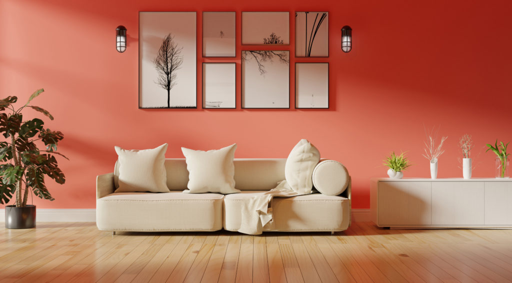 Living room with bright coral walls