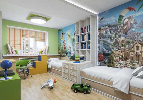 оформление стен в детской комнате для двоих детей фотообоями 7
