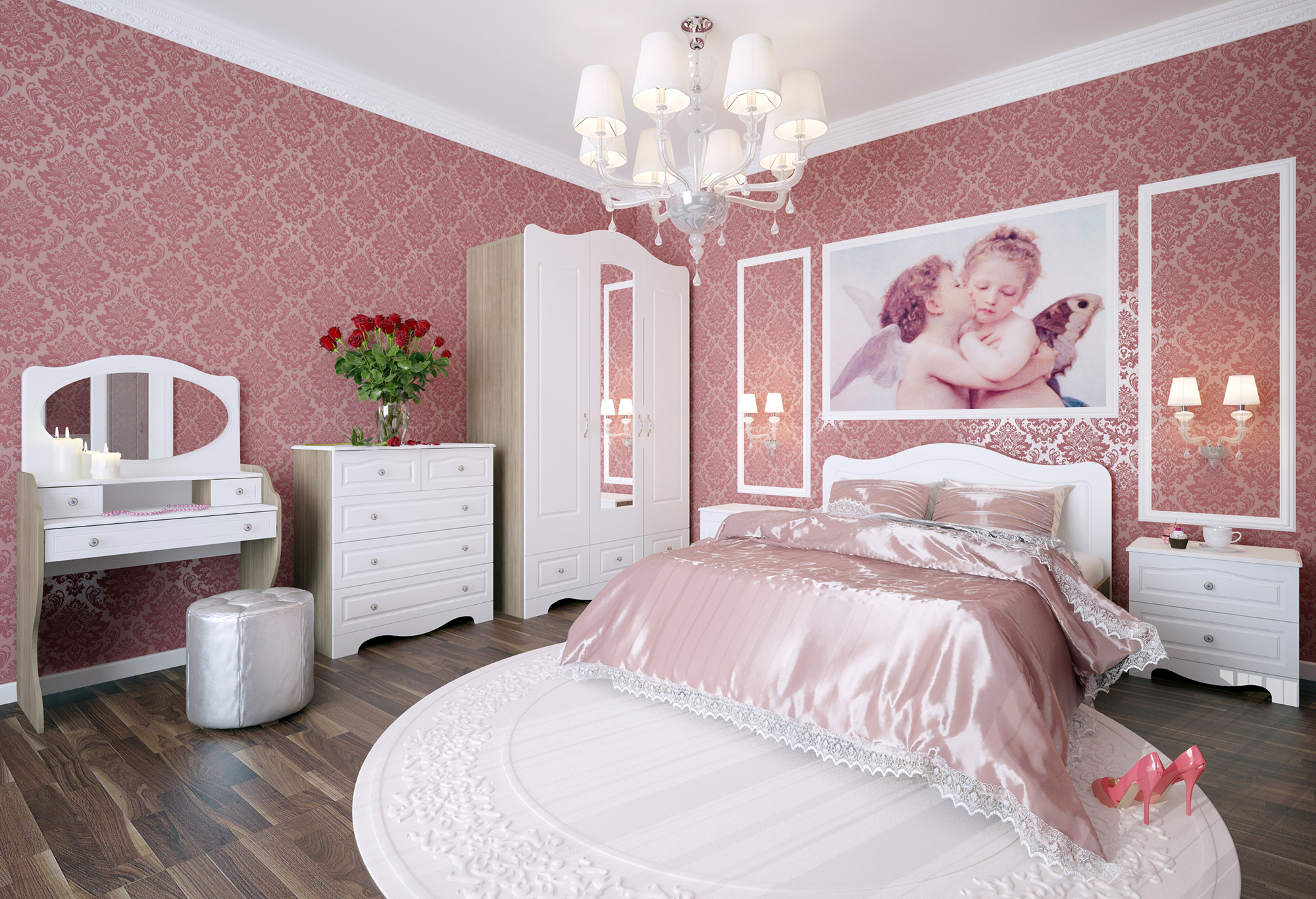 Красивая люстра в розовой спальне