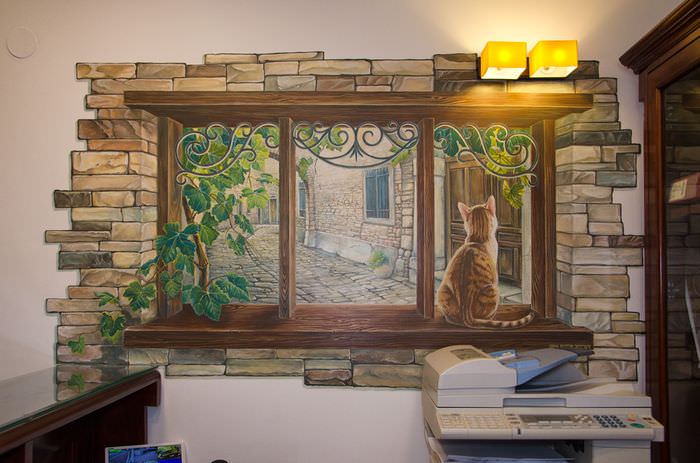 Нарисованное окно на стене жилой комнаты